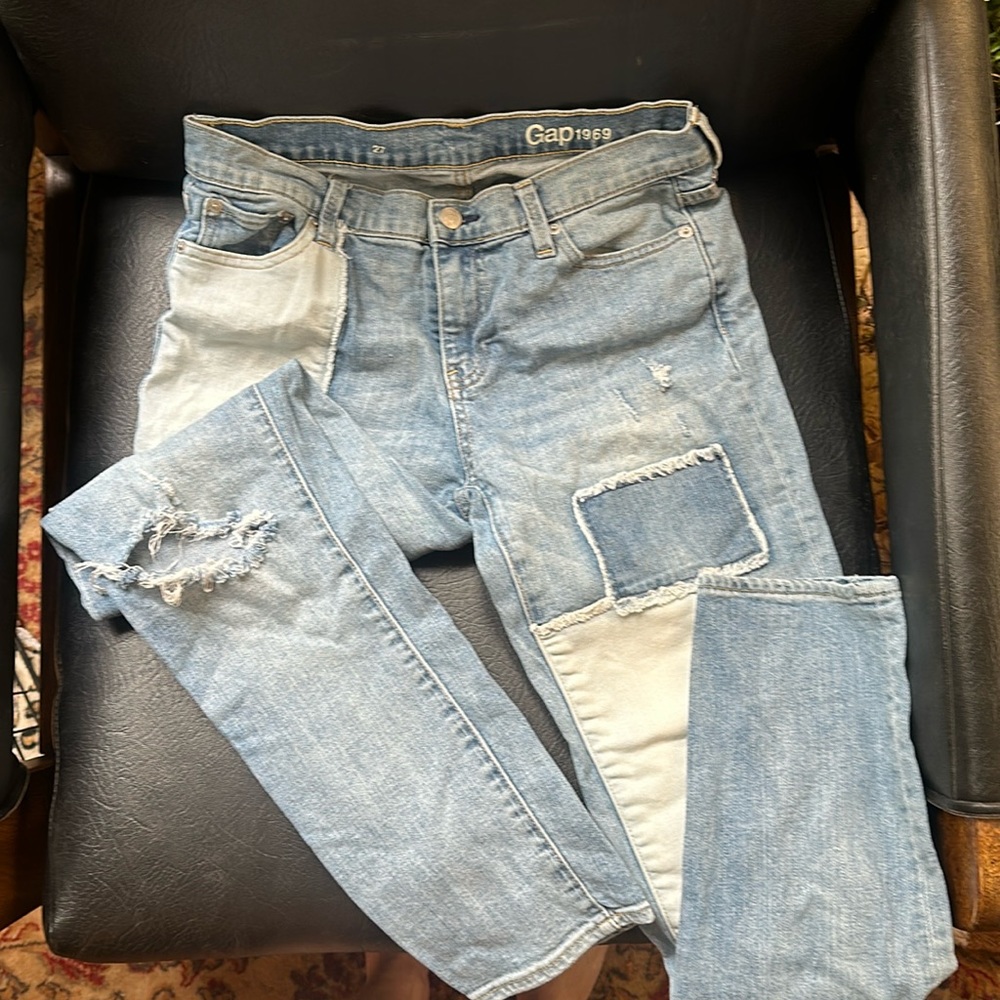 GAP patchwork straight leg distressed jeans